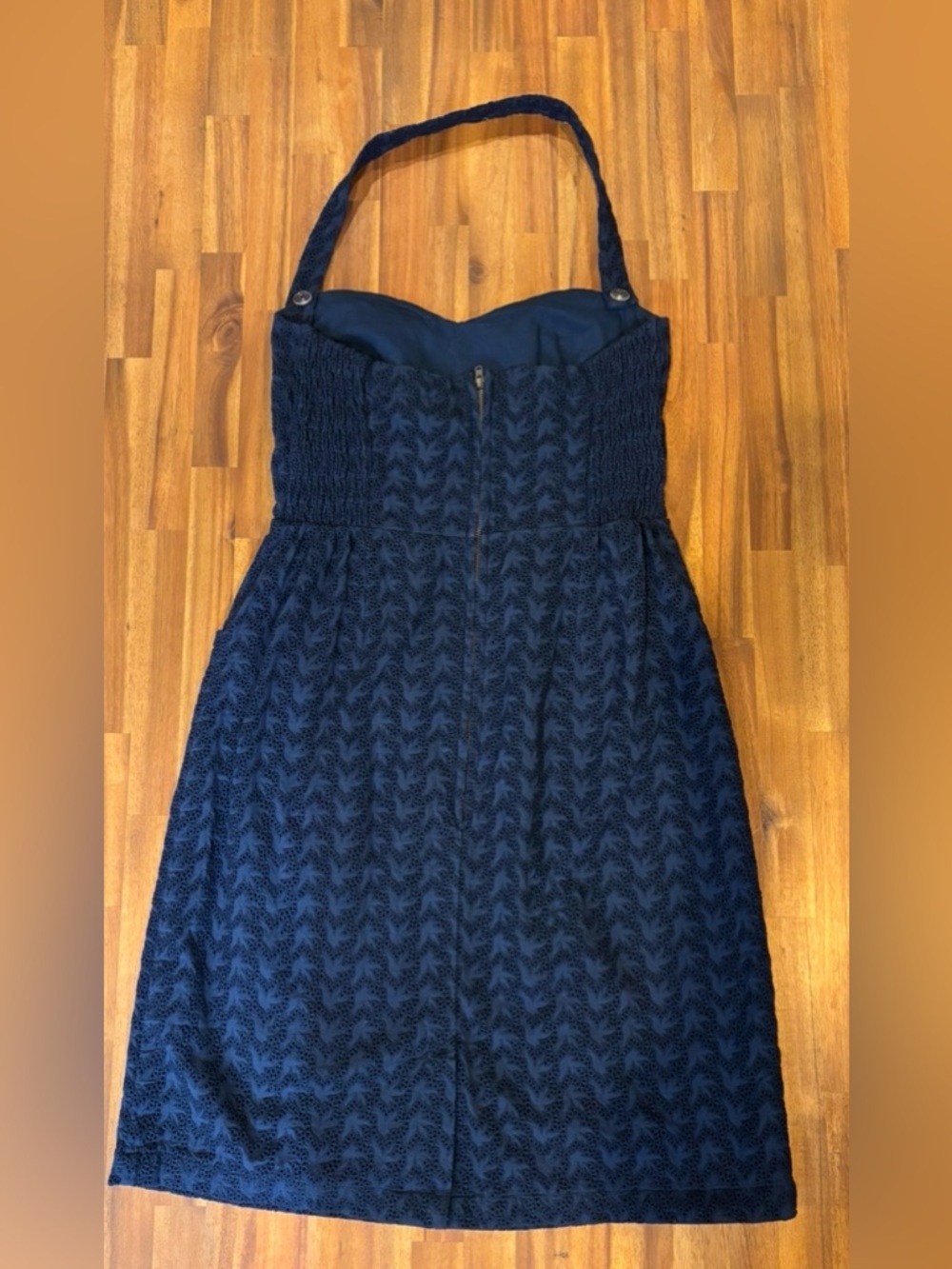 Anthropologie Girls From Savoy Blue Eyelet Swallow Print Halter Dress Size 10 - Picture 3 of 16